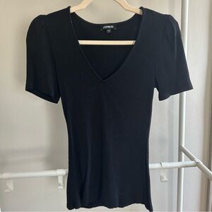 Express v neck ribbed fitted top with puffy sleeves